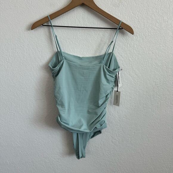 NEW NWT Aritzia Contour Squareneck Ruched Thong Bodysuit Aquamarine Green Large - Picture 10 of 14